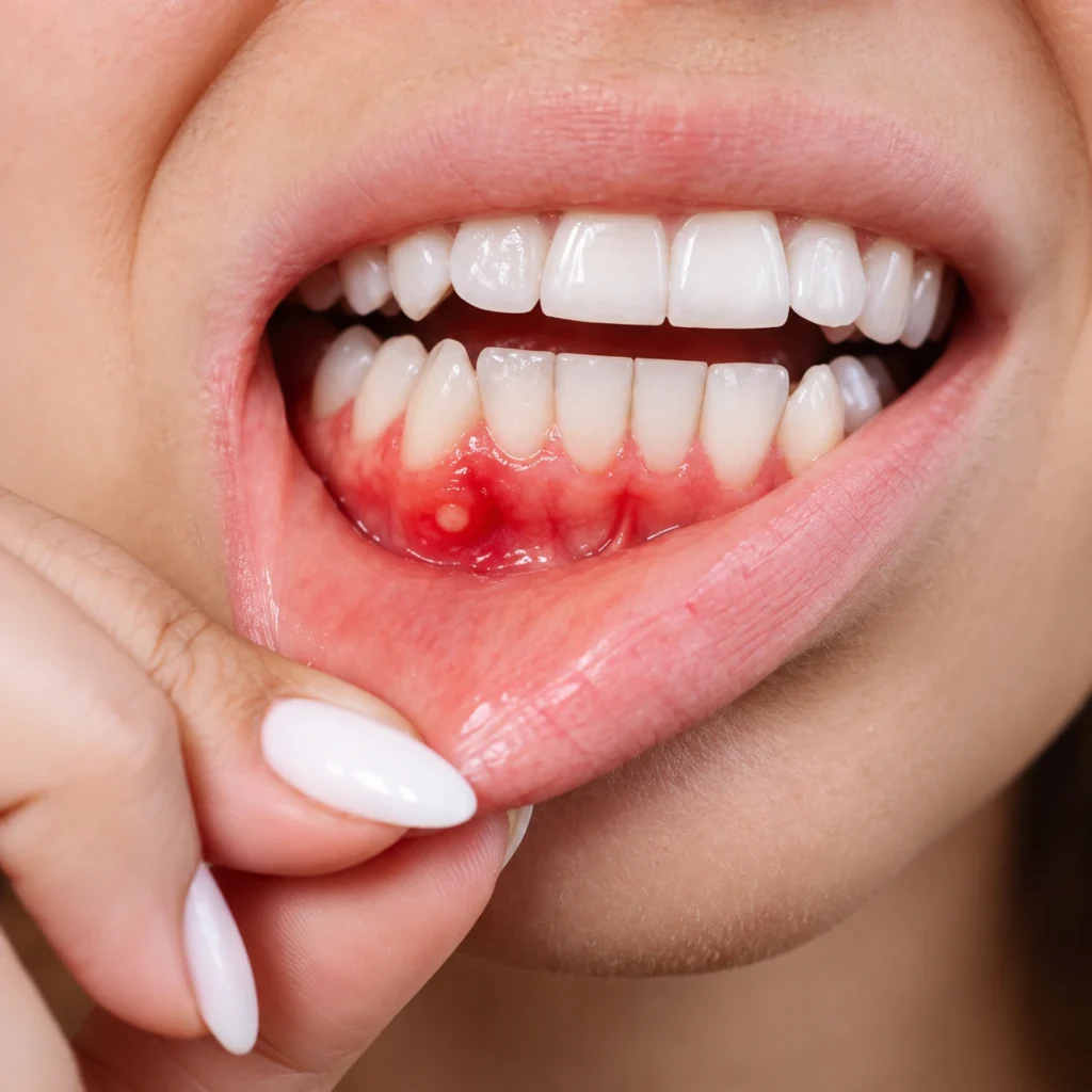 Close-up of a person’s mouth with the lower lip pulled down, showing red, swollen, inflamed gums and a small whitish sore near the lower front teeth, indicating possible gum infection