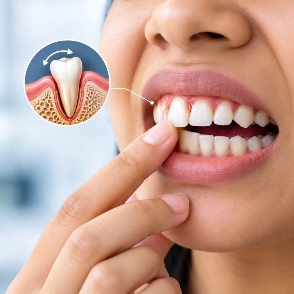 Close-up of a mobile tooth with a dental illustration showing tooth movement and supporting gum and bone structures
