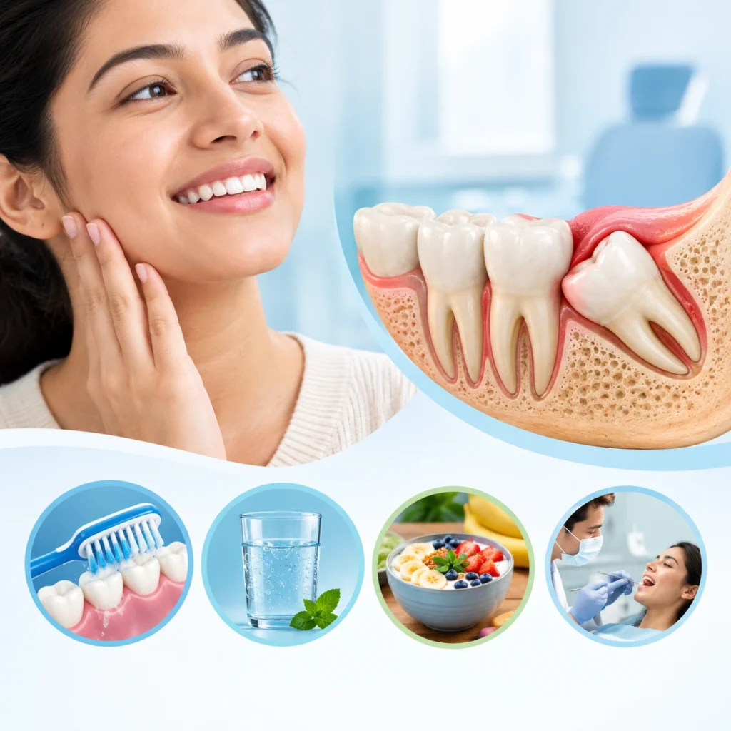 Dental care illustration showing wisdom teeth, oral hygiene, healthy food choices, and a dental checkup.
