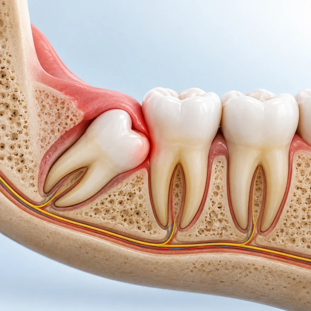 3D medical illustration showing an impacted wisdom tooth angled against the adjacent molar inside the lower jaw.