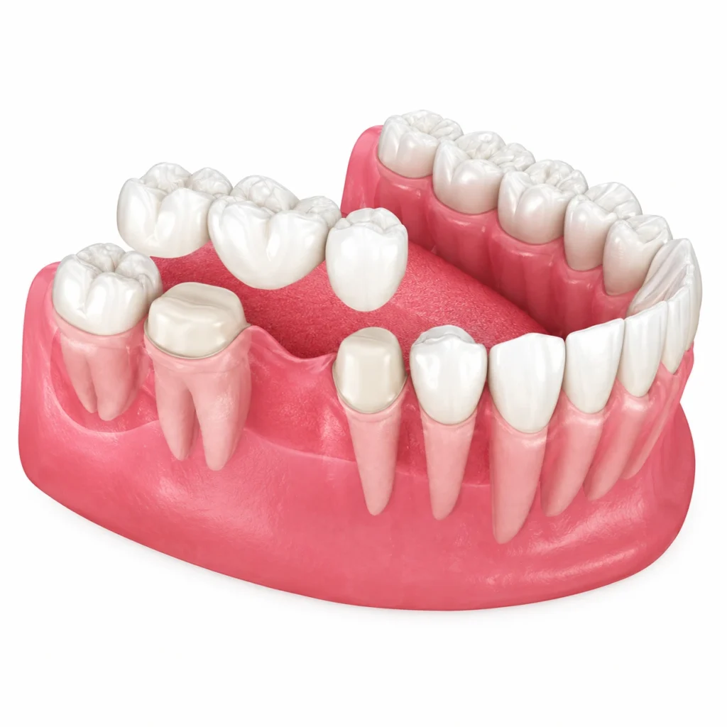 3D dental bridge illustration showing missing teeth, prepared supporting teeth, and artificial replacement teeth for dental restoration.