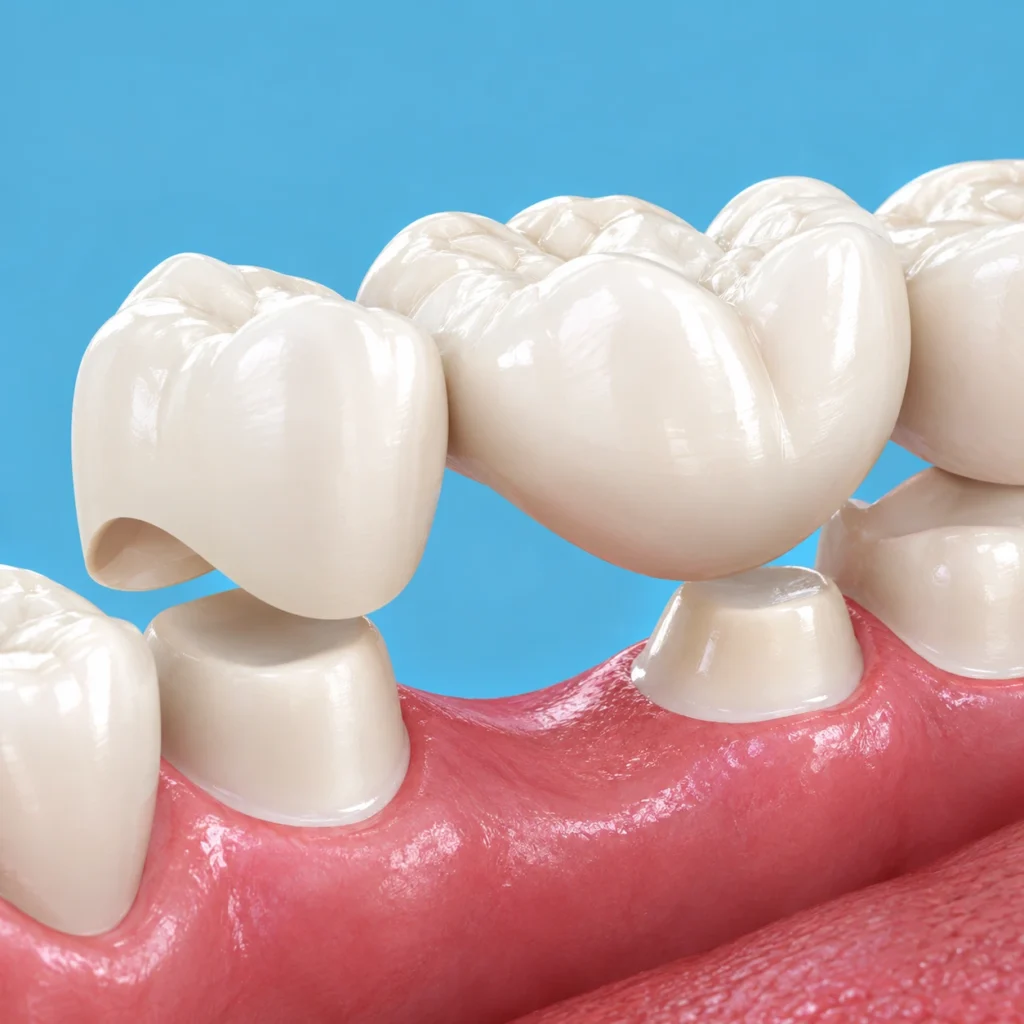 3D dental bridge illustration showing missing teeth, prepared supporting teeth, and artificial replacement teeth for dental restoration.