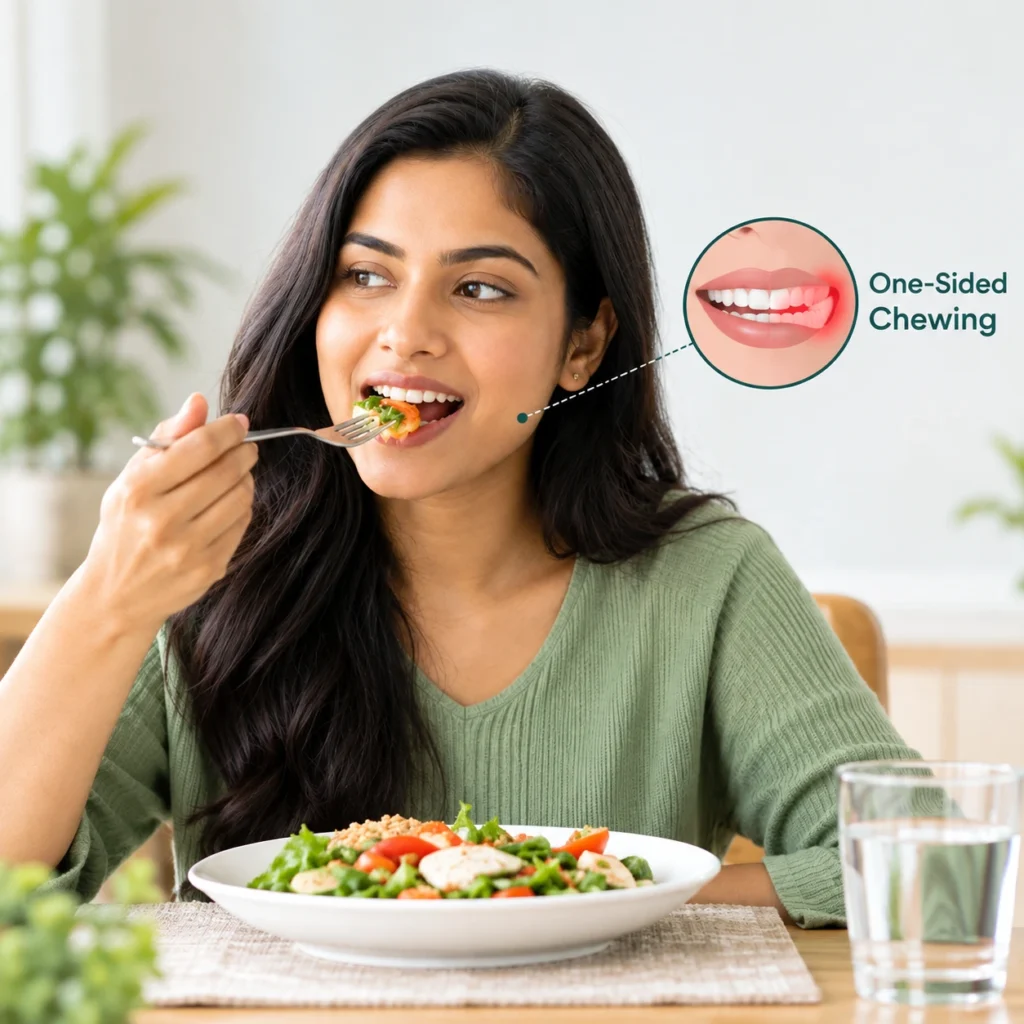 A woman eating a salad illustrating one-sided chewing and its potential impact on oral health and jaw function.